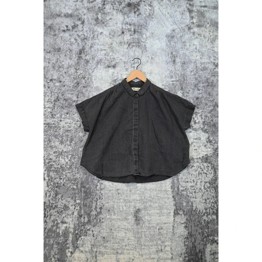 Madewell Black Denim Hilltop Button Front Short Sleeve Shirt Top Size XL